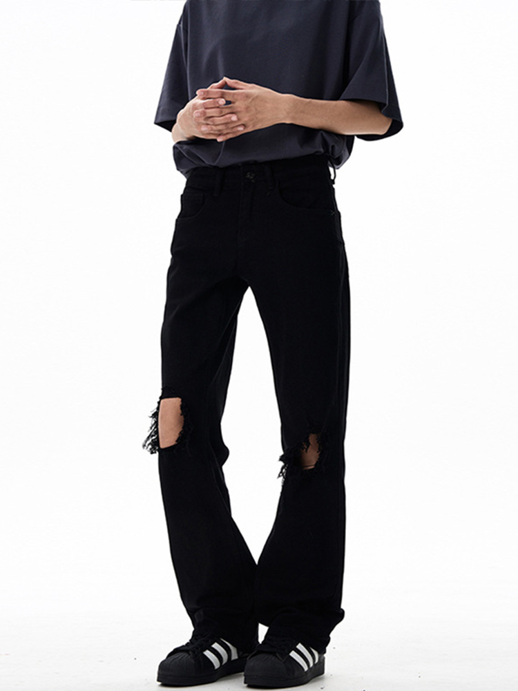 High Street Black Micro-Flare Ripped Jeans for Men and Women - Slim Fit, Flattering Versatile Long Pants for Summer Style High Street Black Micro-Flare Ripped Jeans for Men and Women - Slim Fit, Flattering Versatile Long Pants for Summer Style