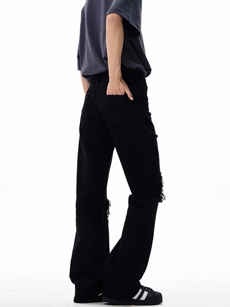 High Street Black Micro-Flare Ripped Jeans for Men and Women - Slim Fit, Flattering Versatile Long Pants for Summer Style High Street Black Micro-Flare Ripped Jeans for Men and Women - Slim Fit, Flattering Versatile Long Pants for Summer Style