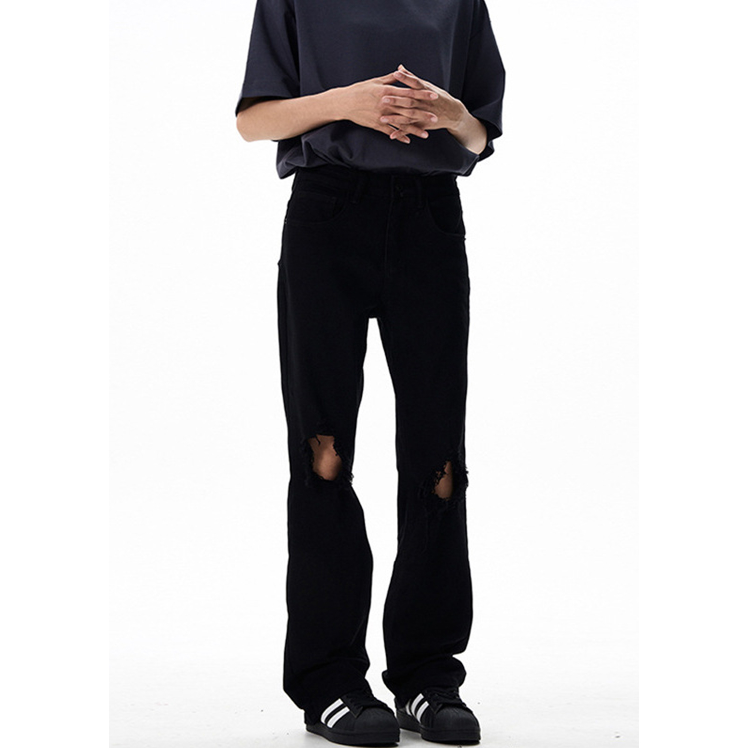 High Street Black Micro-Flare Ripped Jeans for Men and Women - Slim Fit, Flattering Versatile Long Pants for Summer Style