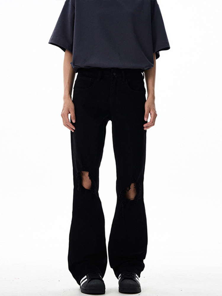 High Street Black Micro-Flare Ripped Jeans for Men and Women - Slim Fit, Flattering Versatile Long Pants for Summer Style High Street Black Micro-Flare Ripped Jeans for Men and Women - Slim Fit, Flattering Versatile Long Pants for Summer Style