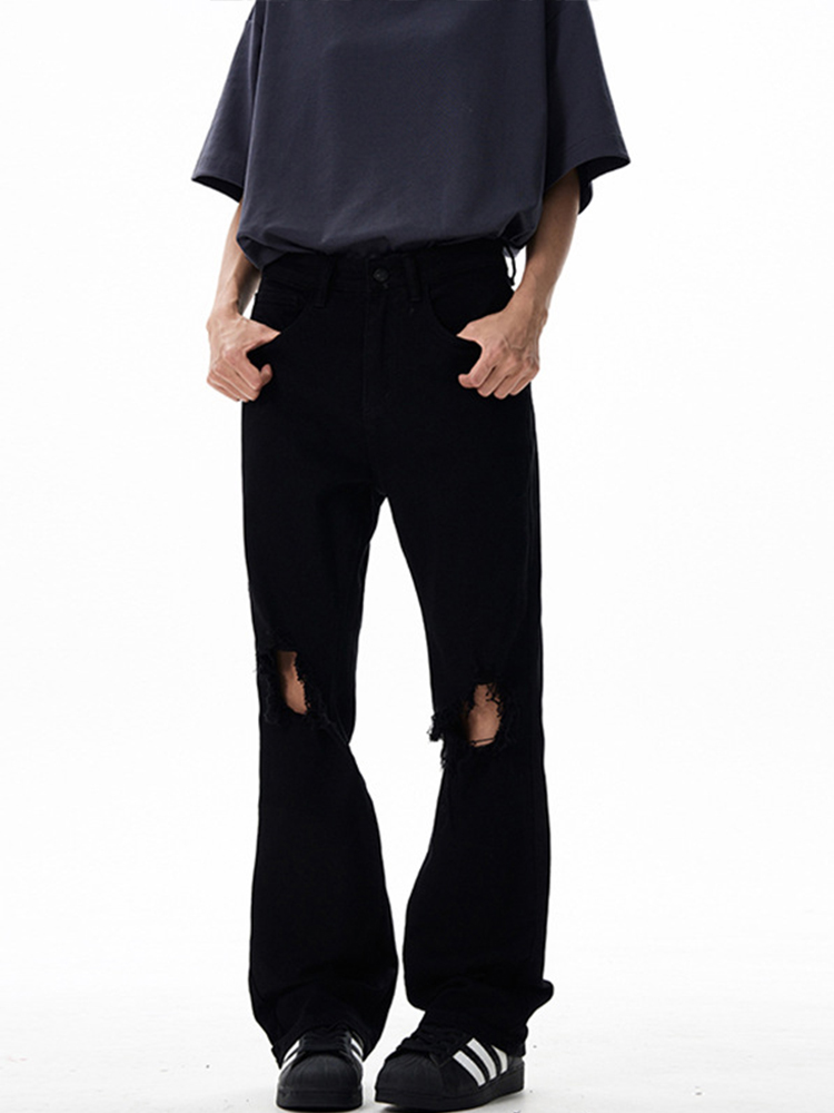 High Street Black Micro-Flare Ripped Jeans for Men and Women - Slim Fit, Flattering Versatile Long Pants for Summer Style High Street Black Micro-Flare Ripped Jeans for Men and Women - Slim Fit, Flattering Versatile Long Pants for Summer Style