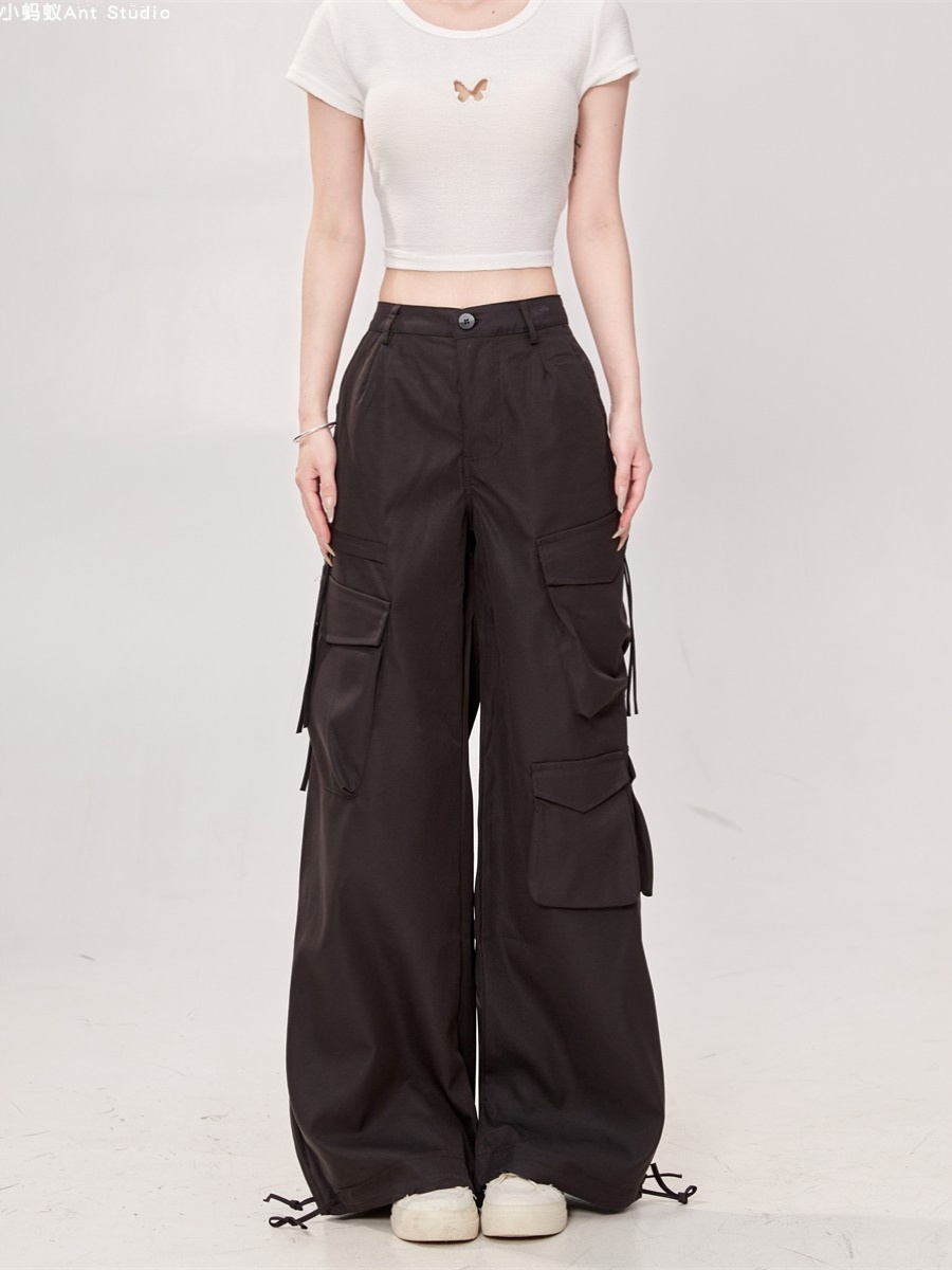 High Street Black Multi-Pocket Tapered Cargo Pants for Women - Loose BF Style Wide-Leg 2025 Trendy Fashion
