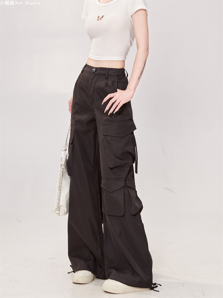 High Street Black Multi-Pocket Tapered Cargo Pants for Women - Loose BF Style Wide-Leg 2025 Trendy Fashion