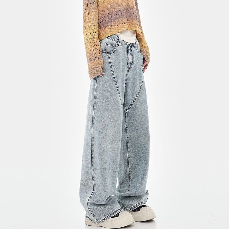 High Street Blue Washed Distressed Loose Wide-Leg Straight-Leg Long Jeans for Spring 90s Y2K Style