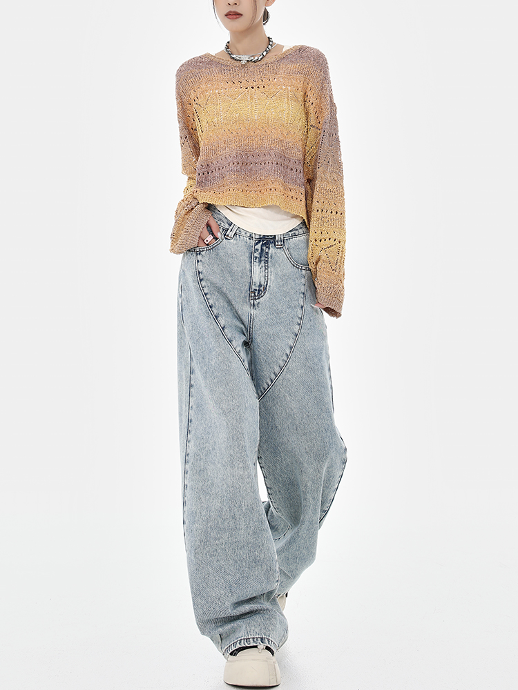 High Street Blue Washed Distressed Loose Wide-Leg Straight-Leg Long Jeans for Spring 90s Y2K Style High Street Blue Washed Distressed Loose Wide-Leg Straight-Leg Long Jeans for Spring 90s Y2K Style