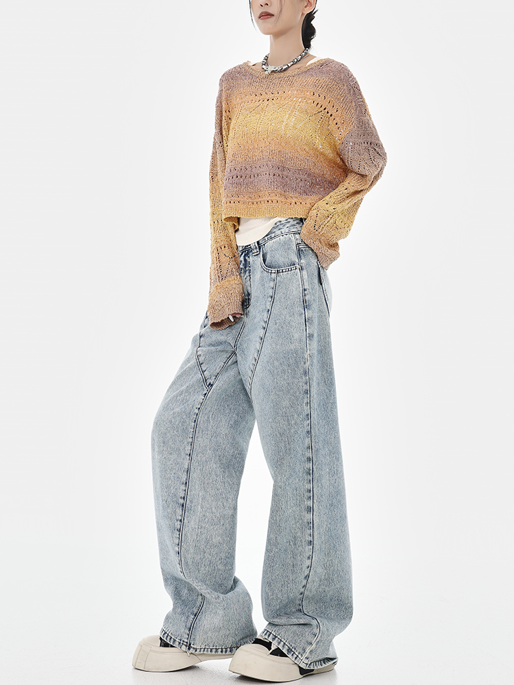 High Street Blue Washed Distressed Loose Wide-Leg Straight-Leg Long Jeans for Spring 90s Y2K Style