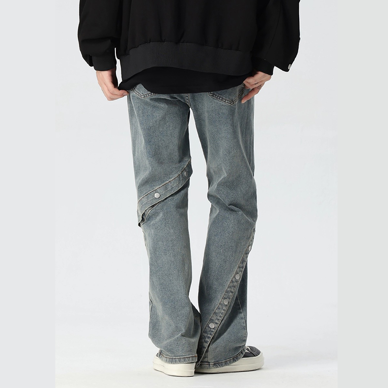 High Street Flared Denim Pants for Men and Women - Loose Straight Fit, Button Detail, Casual Vibe, Y2K Style High Street Flared Denim Pants for Men and Women - Loose Straight Fit, Button Detail, Casual Vibe, Y2K Style