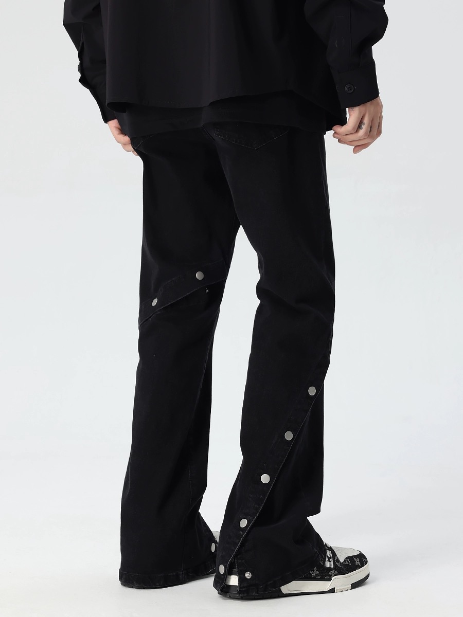 High Street Flared Denim Pants for Men and Women - Loose Straight Fit, Button Detail, Casual Vibe, Y2K Style High Street Flared Denim Pants for Men and Women - Loose Straight Fit, Button Detail, Casual Vibe, Y2K Style