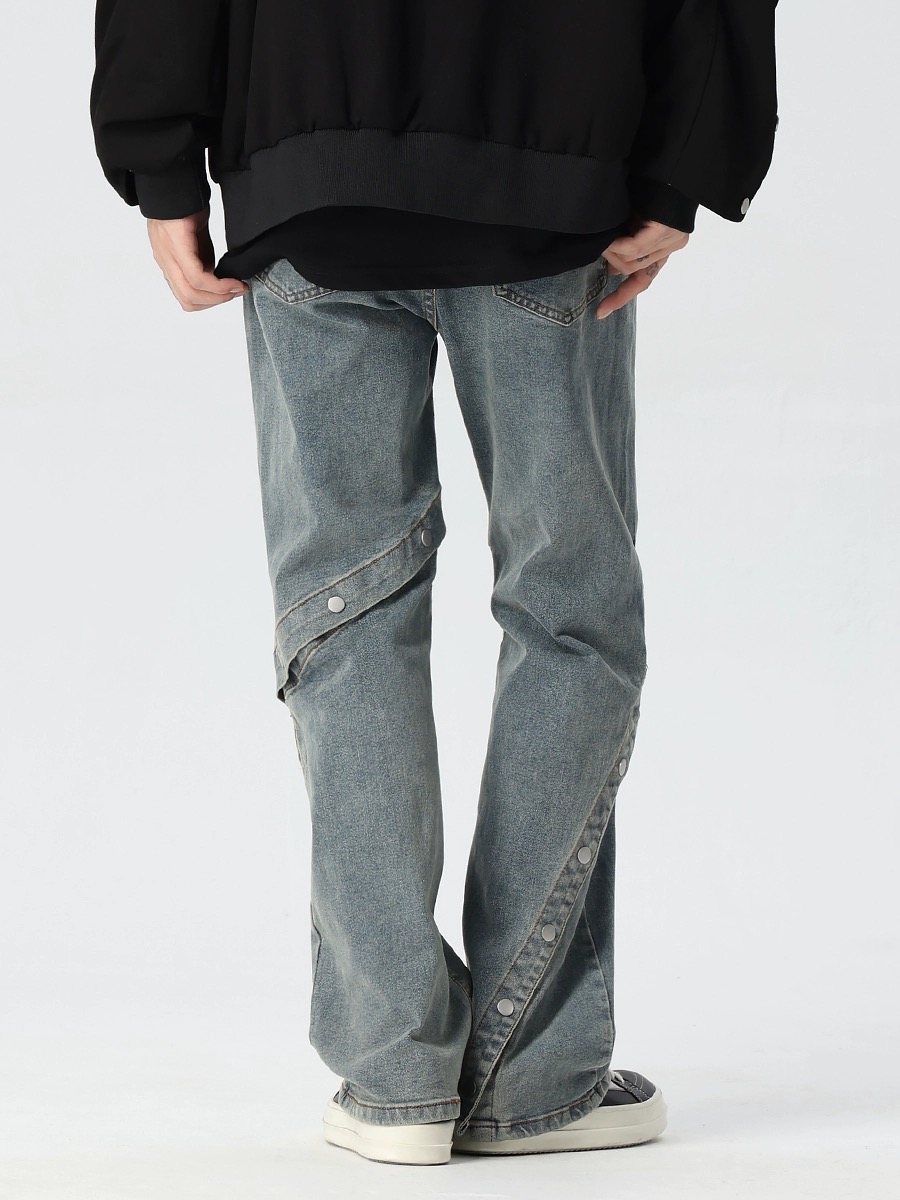 High Street Flared Denim Pants for Men and Women - Loose Straight Fit, Button Detail, Casual Vibe, Y2K Style High Street Flared Denim Pants for Men and Women - Loose Straight Fit, Button Detail, Casual Vibe, Y2K Style