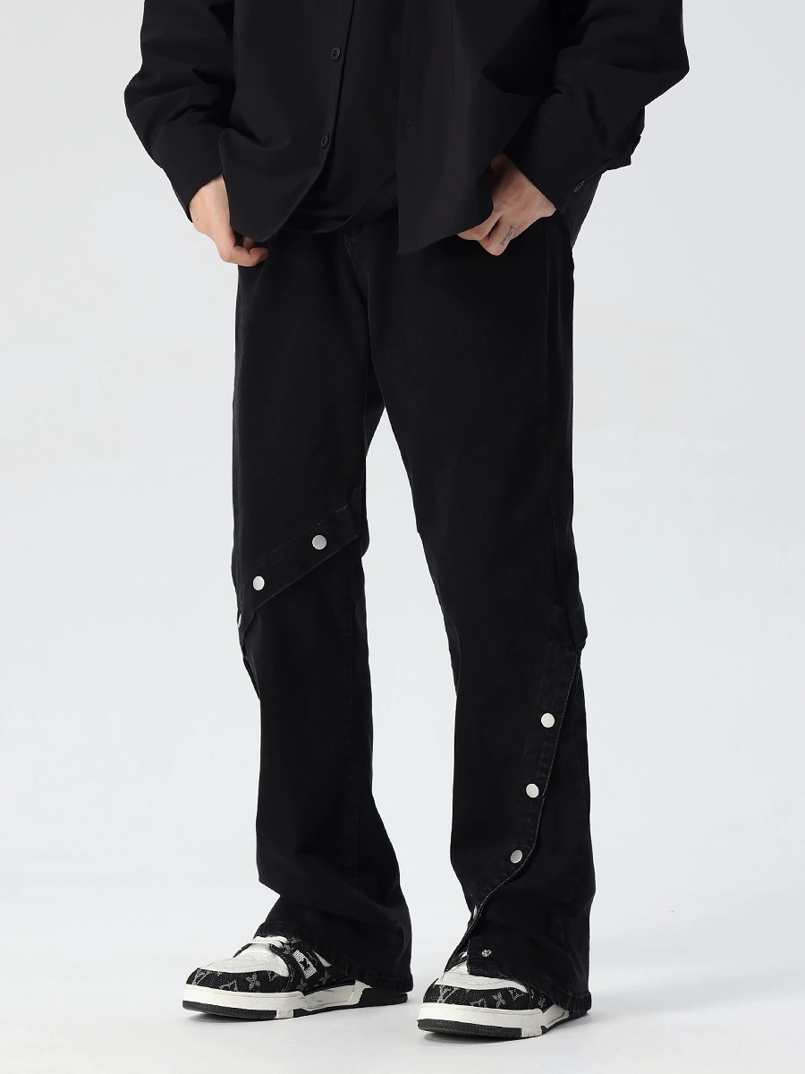 High Street Flared Denim Pants for Men and Women - Loose Straight Fit, Button Detail, Casual Vibe, Y2K Style High Street Flared Denim Pants for Men and Women - Loose Straight Fit, Button Detail, Casual Vibe, Y2K Style