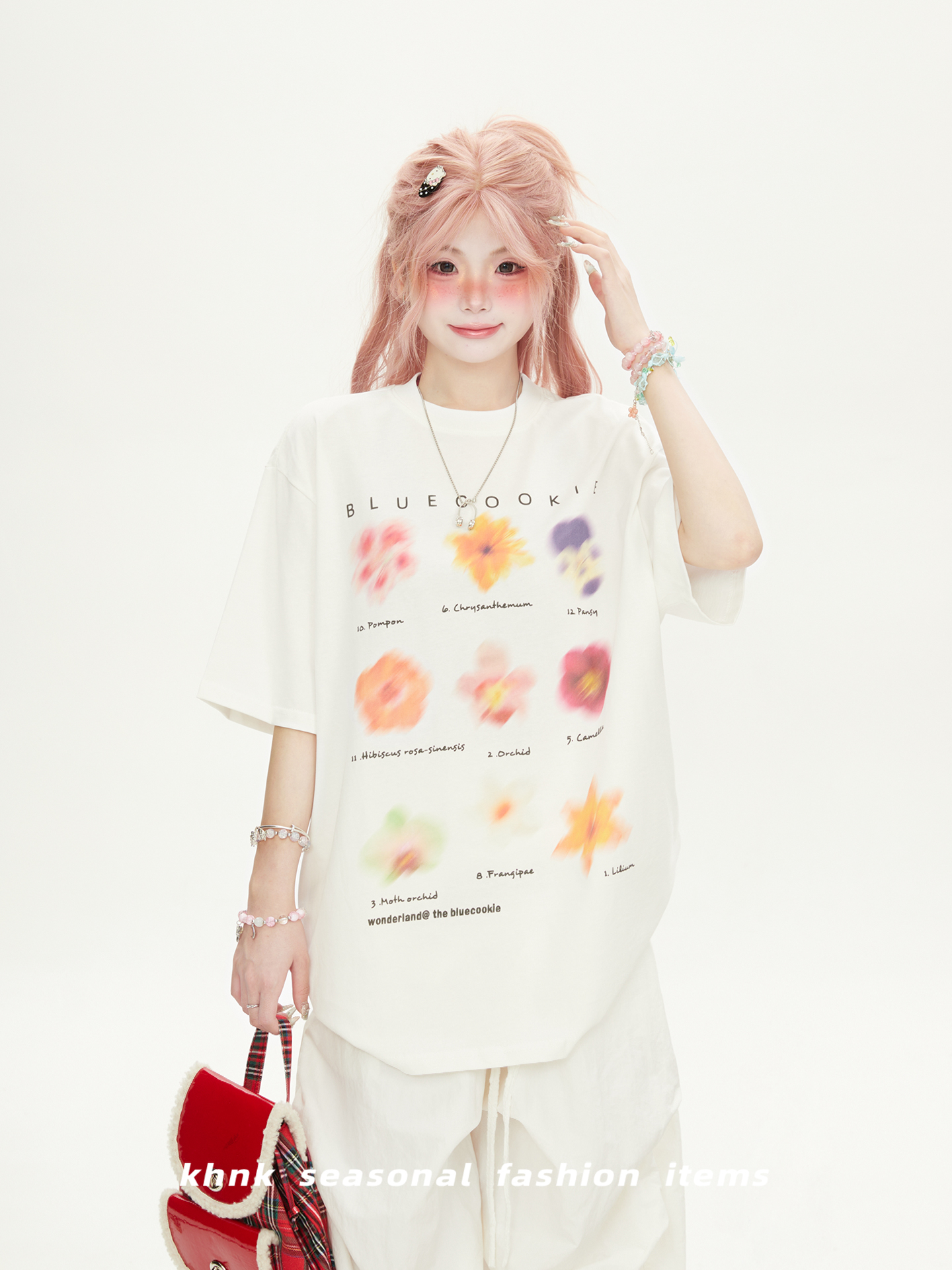 High Street Floral Print White Round Neck Short Sleeve T-Shirt for Women - Casual Versatile Summer Top 2025, 90s Inspired Fashion