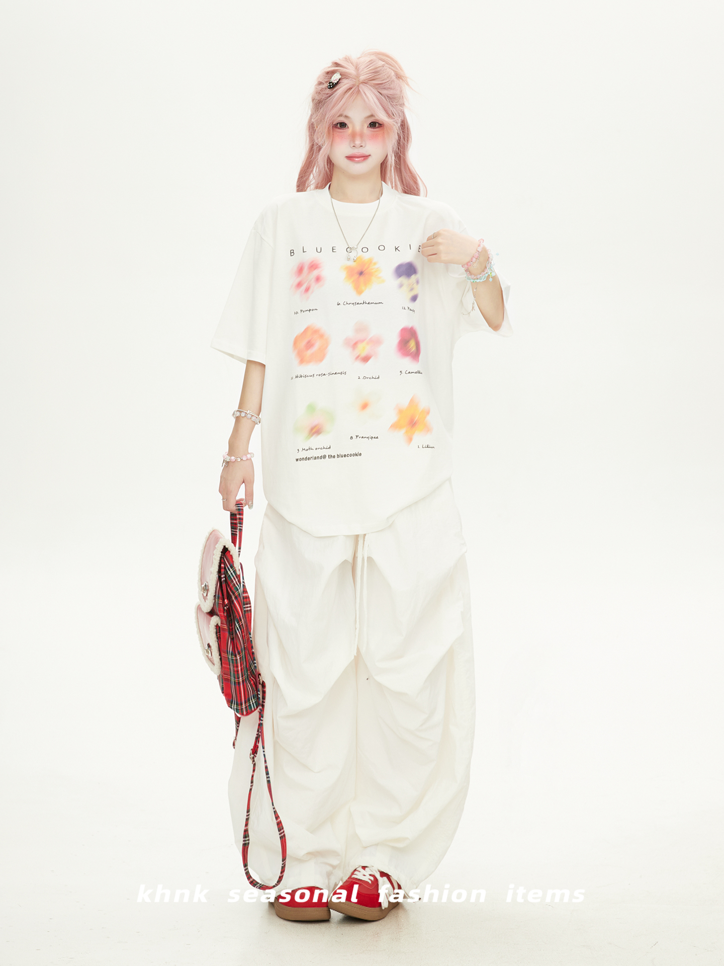 High Street Floral Print White Round Neck Short Sleeve T-Shirt for Women - Casual Versatile Summer Top 2025, 90s Inspired Fashion