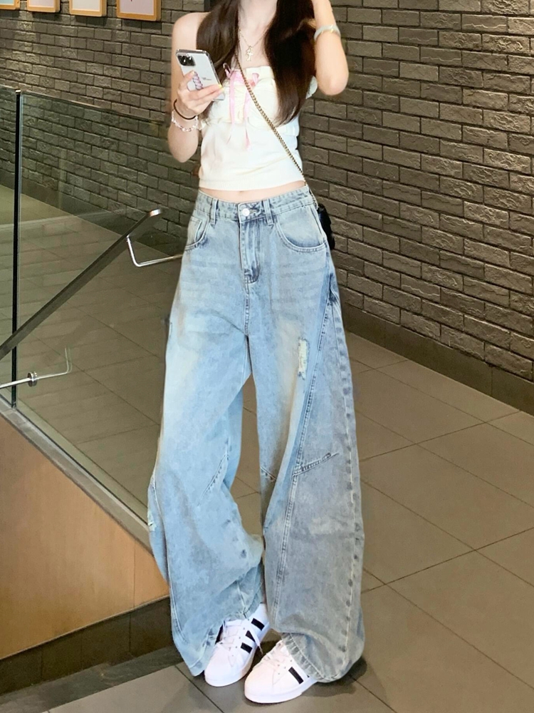 High Street Ripped Curved Knife Jeans for Women - Loose Wide-Leg Summer Design, Slimming Straight-Leg Floor-Length Pants