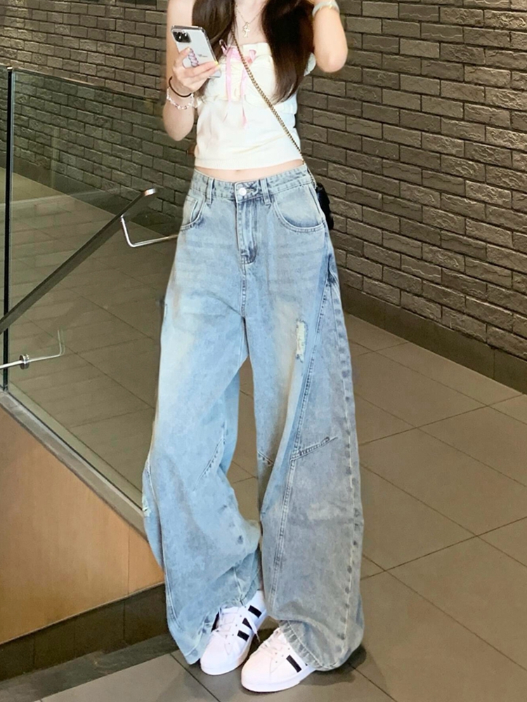 High Street Ripped Curved Knife Jeans for Women - Loose Wide-Leg Summer Design, Slimming Straight-Leg Floor-Length Pants High Street Ripped Curved Knife Jeans for Women - Loose Wide-Leg Summer Design, Slimming Straight-Leg Floor-Length Pants