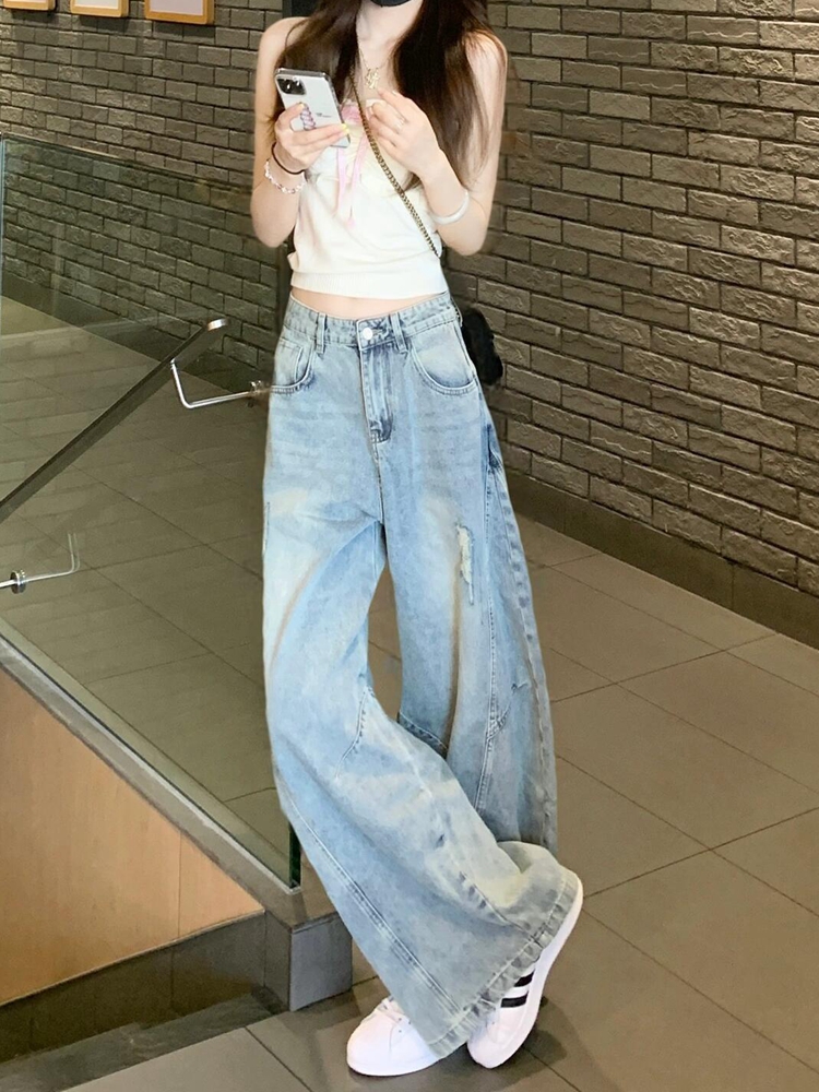 High Street Ripped Curved Knife Jeans for Women - Loose Wide-Leg Summer Design, Slimming Straight-Leg Floor-Length Pants High Street Ripped Curved Knife Jeans for Women - Loose Wide-Leg Summer Design, Slimming Straight-Leg Floor-Length Pants
