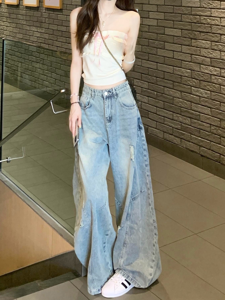 High Street Ripped Curved Knife Jeans for Women - Loose Wide-Leg Summer Design, Slimming Straight-Leg Floor-Length Pants
