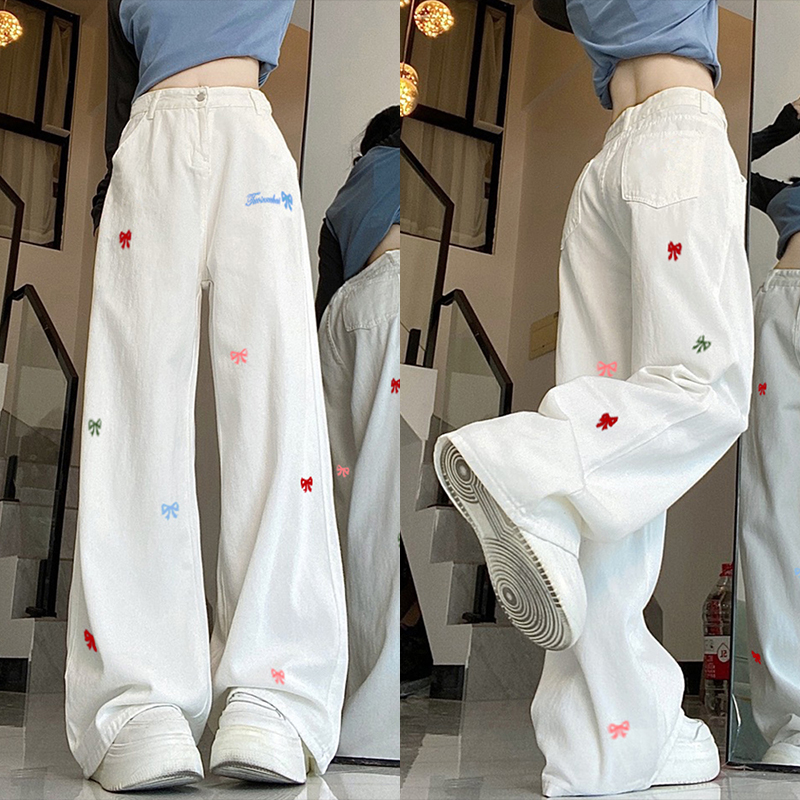 High Street Women's Black Embroidered Wide-Leg Floor-Length Pants - Casual Versatile High-Waisted Loose Fit High Street Women's Black Embroidered Wide-Leg Floor-Length Pants - Casual Versatile High-Waisted Loose Fit