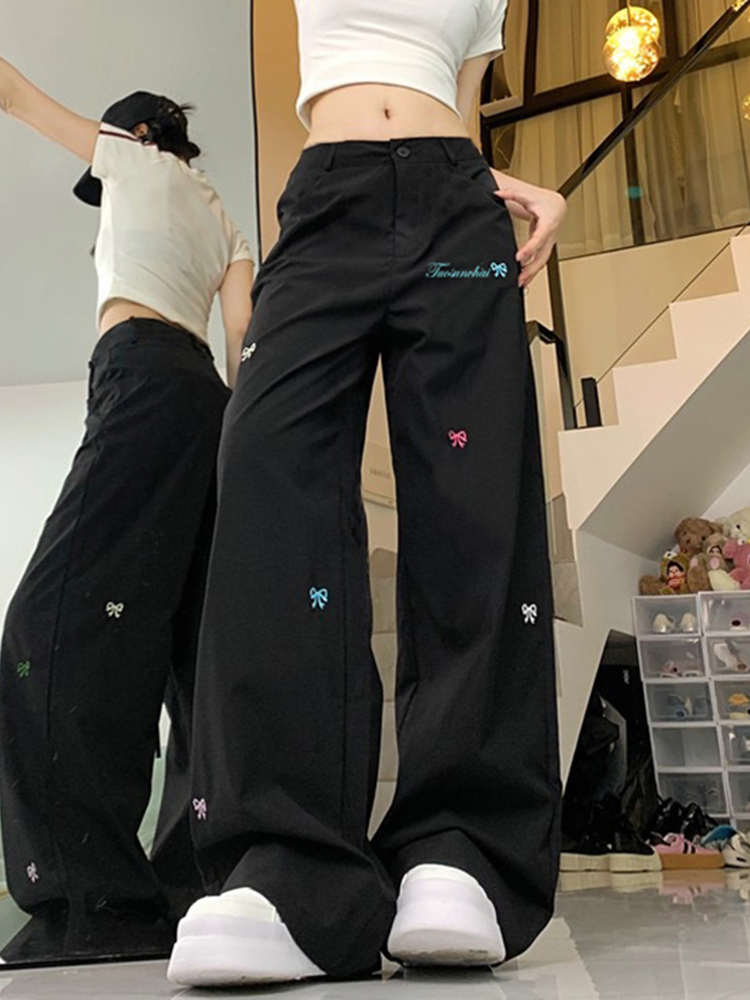 High Street Women's Black Embroidered Wide-Leg Floor-Length Pants - Casual Versatile High-Waisted Loose Fit High Street Women's Black Embroidered Wide-Leg Floor-Length Pants - Casual Versatile High-Waisted Loose Fit