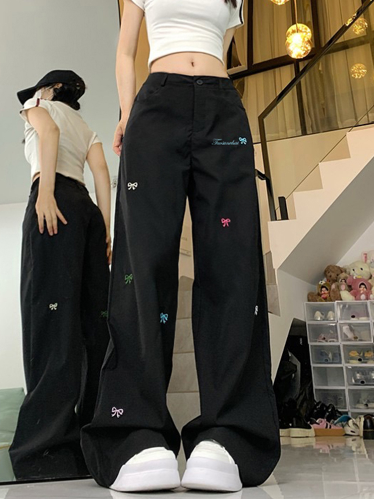 High Street Women's Black Embroidered Wide-Leg Floor-Length Pants - Casual Versatile High-Waisted Loose Fit High Street Women's Black Embroidered Wide-Leg Floor-Length Pants - Casual Versatile High-Waisted Loose Fit