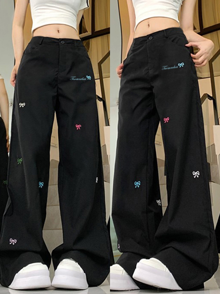 High Street Women's Black Embroidered Wide-Leg Floor-Length Pants - Casual Versatile High-Waisted Loose Fit