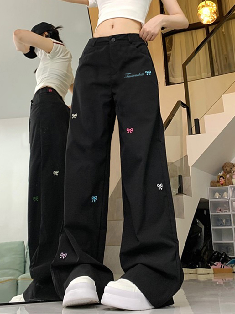 High Street Women's Black Embroidered Wide-Leg Floor-Length Pants - Casual Versatile High-Waisted Loose Fit High Street Women's Black Embroidered Wide-Leg Floor-Length Pants - Casual Versatile High-Waisted Loose Fit