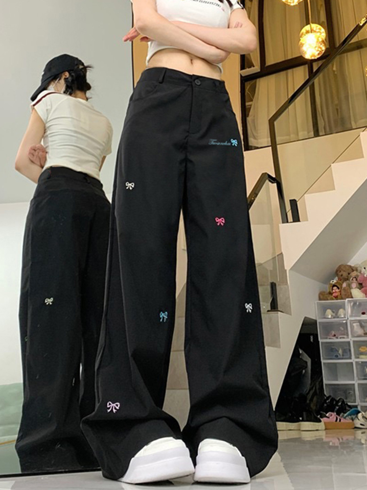 High Street Women's Black Embroidered Wide-Leg Floor-Length Pants - Casual Versatile High-Waisted Loose Fit High Street Women's Black Embroidered Wide-Leg Floor-Length Pants - Casual Versatile High-Waisted Loose Fit