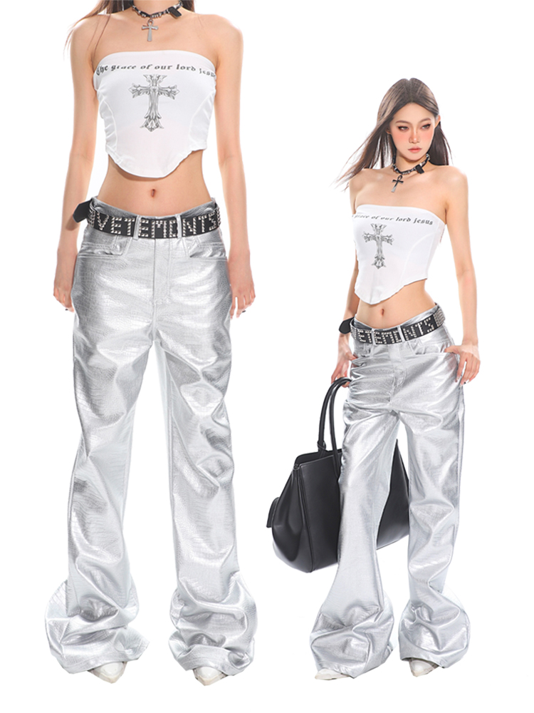 High Street Women's Cool Silver Leather Pants â€“ Autumn Winter Casual Straight Leg Slight Flare Floor-Length Trousers