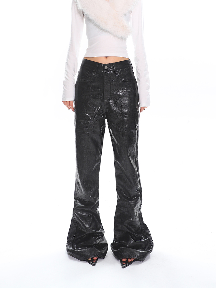 High Street Women's Cool Silver Leather Pants – Autumn Winter Casual Straight Leg Slight Flare Floor-Length Trousers High Street Women's Cool Silver Leather Pants – Autumn Winter Casual Straight Leg Slight Flare Floor-Length Trousers