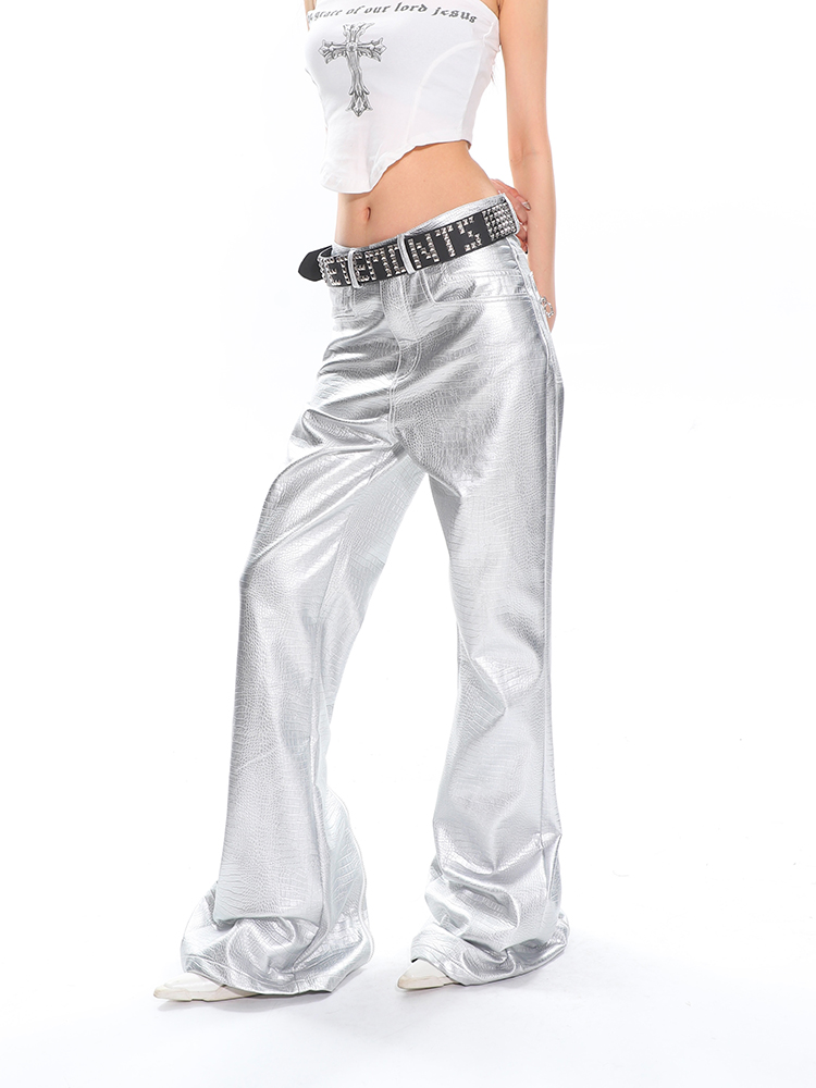 High Street Women's Cool Silver Leather Pants – Autumn Winter Casual Straight Leg Slight Flare Floor-Length Trousers High Street Women's Cool Silver Leather Pants – Autumn Winter Casual Straight Leg Slight Flare Floor-Length Trousers