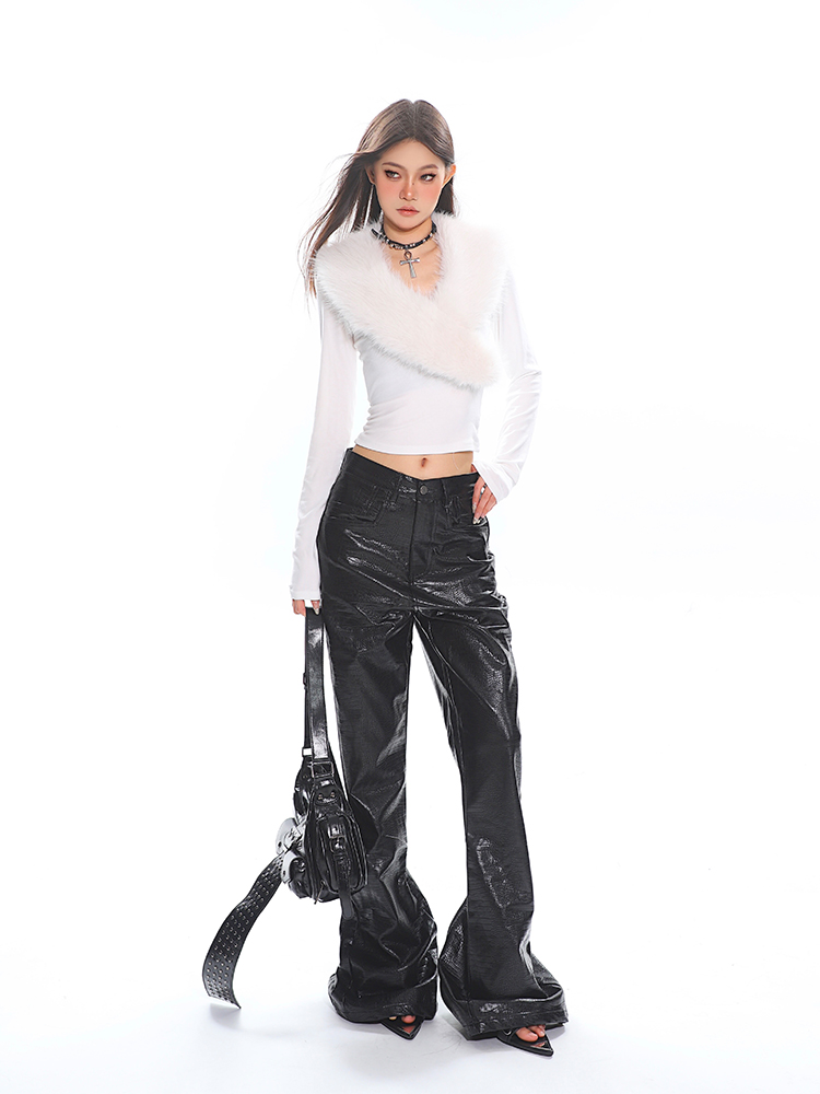 High Street Women's Cool Silver Leather Pants – Autumn Winter Casual Straight Leg Slight Flare Floor-Length Trousers High Street Women's Cool Silver Leather Pants – Autumn Winter Casual Straight Leg Slight Flare Floor-Length Trousers