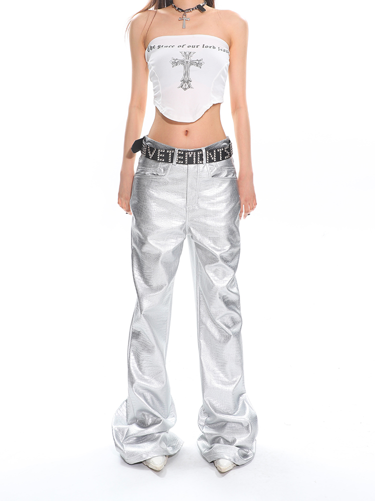 High Street Women's Cool Silver Leather Pants â€“ Autumn Winter Casual Straight Leg Slight Flare Floor-Length Trousers