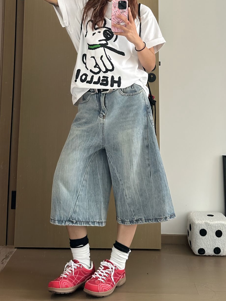 High Street Womenâ€™s Washed Denim Seven-Point Shorts - Retro Loose Slim Straight Wide-Leg Summer Fashion