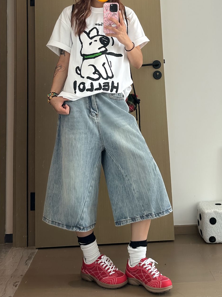 High Street Womenâ€™s Washed Denim Seven-Point Shorts - Retro Loose Slim Straight Wide-Leg Summer Fashion