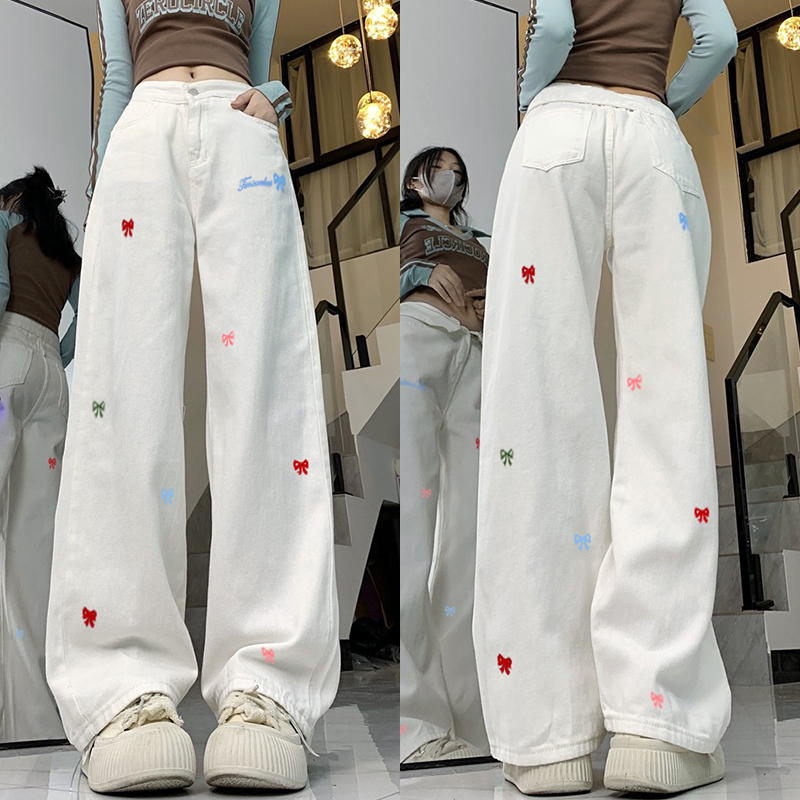 High Street Women's White Embroidered High-Waisted Wide-Leg Jeans - Casual Versatile Slim-Fit Floor-Length Style