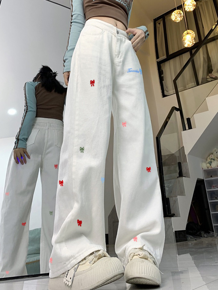 High Street Women's White Embroidered High-Waisted Wide-Leg Jeans - Casual Versatile Slim-Fit Floor-Length Style High Street Women's White Embroidered High-Waisted Wide-Leg Jeans - Casual Versatile Slim-Fit Floor-Length Style