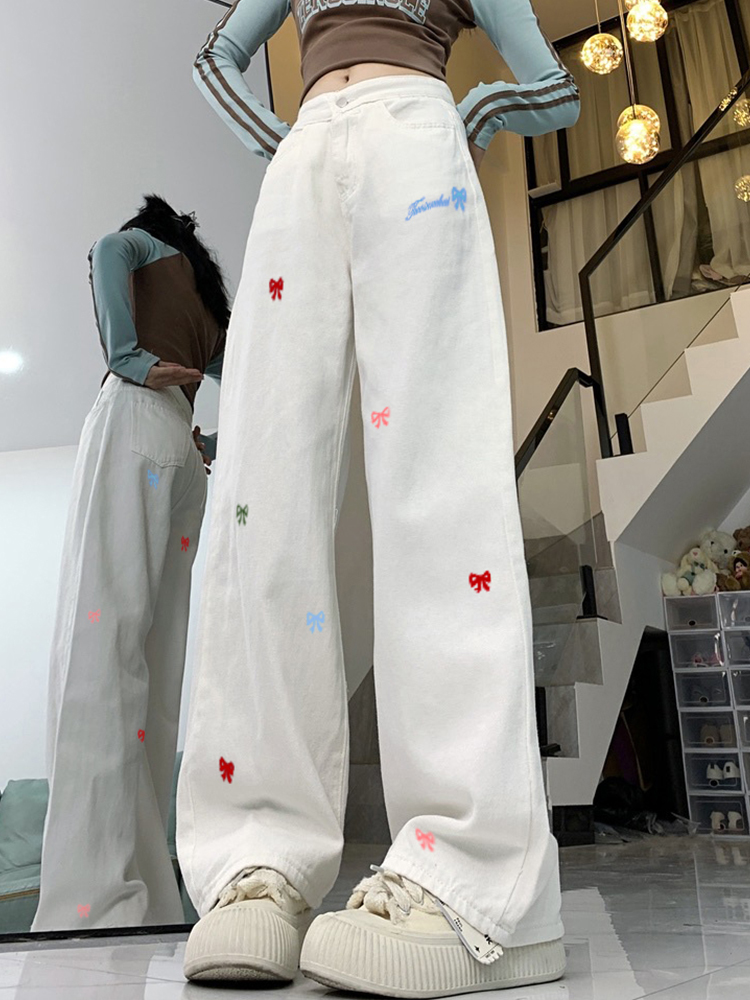 High Street Women's White Embroidered High-Waisted Wide-Leg Jeans - Casual Versatile Slim-Fit Floor-Length Style High Street Women's White Embroidered High-Waisted Wide-Leg Jeans - Casual Versatile Slim-Fit Floor-Length Style