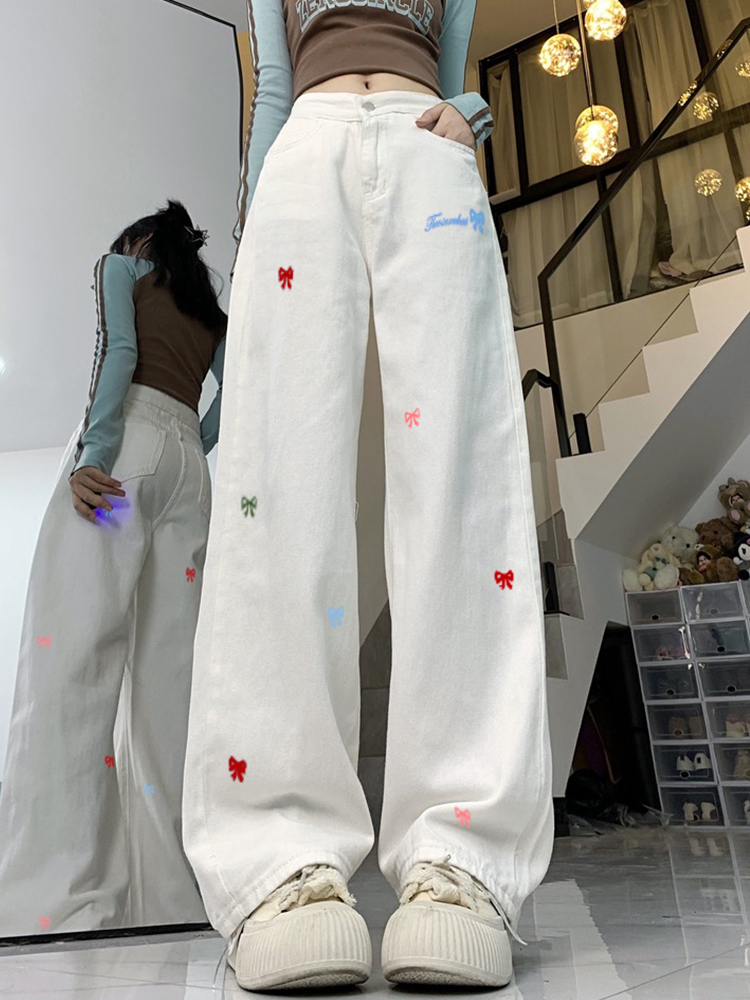 High Street Women's White Embroidered High-Waisted Wide-Leg Jeans - Casual Versatile Slim-Fit Floor-Length Style High Street Women's White Embroidered High-Waisted Wide-Leg Jeans - Casual Versatile Slim-Fit Floor-Length Style