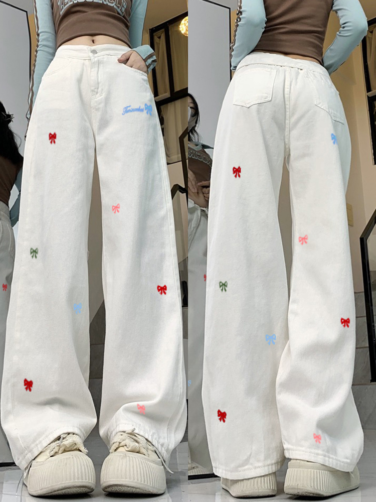 High Street Women's White Embroidered High-Waisted Wide-Leg Jeans - Casual Versatile Slim-Fit Floor-Length Style