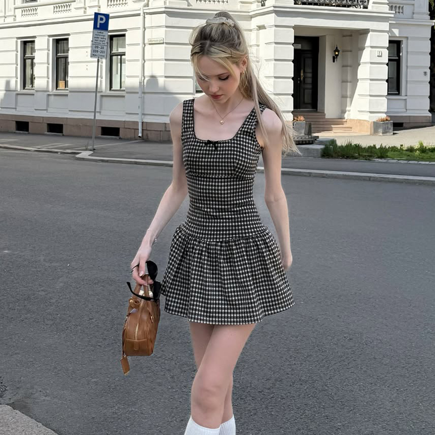 High Waist Black and White Plaid Vest Dress - Retro A-Line Short Skirt for Versatile Style - Y2K Inspired Fashion High Waist Black and White Plaid Vest Dress - Retro A-Line Short Skirt for Versatile Style - Y2K Inspired Fashion