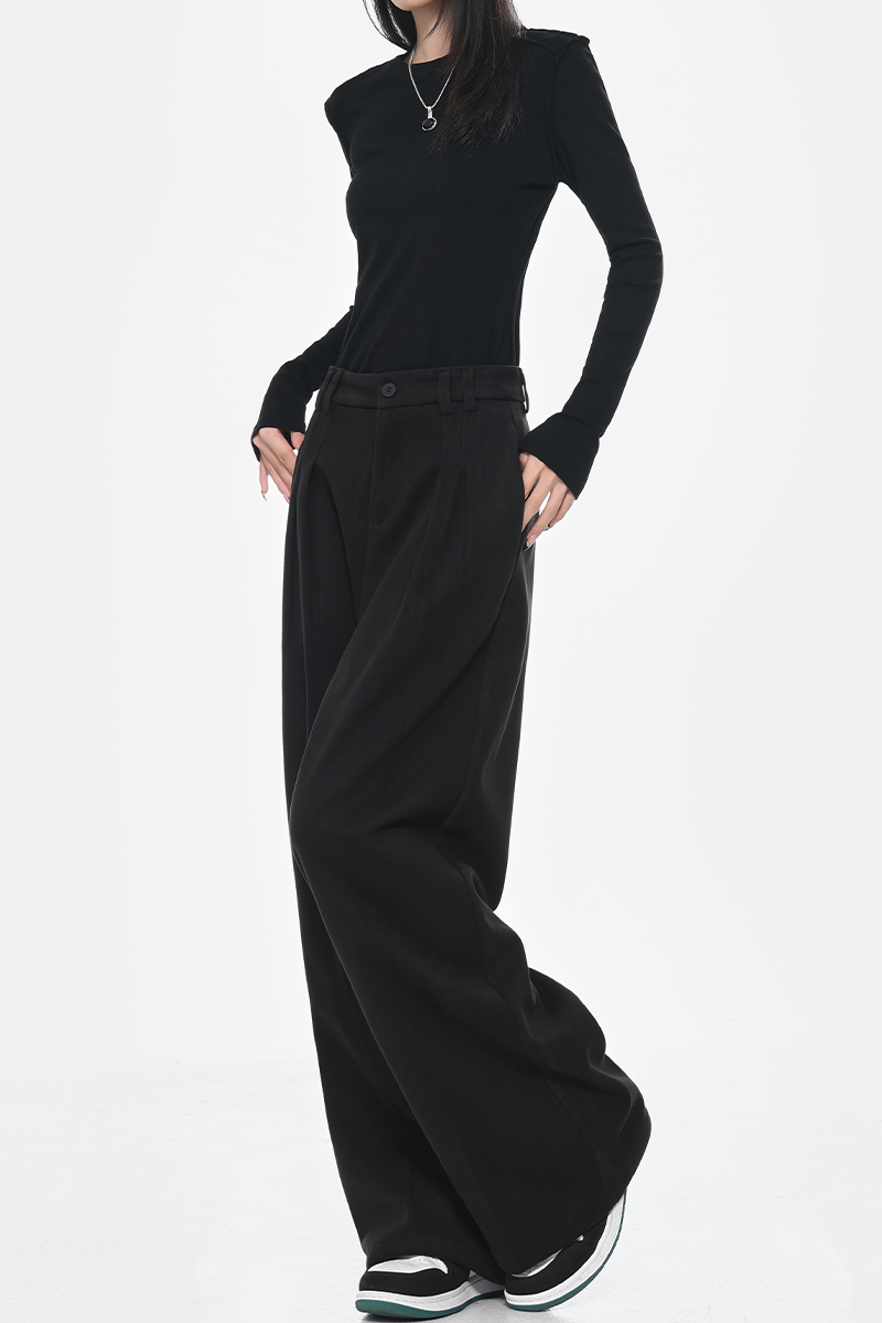 High Waist Black Wide Leg Draped Pleated Casual Pants for Women - Spring Fashion Loose Slimming Style