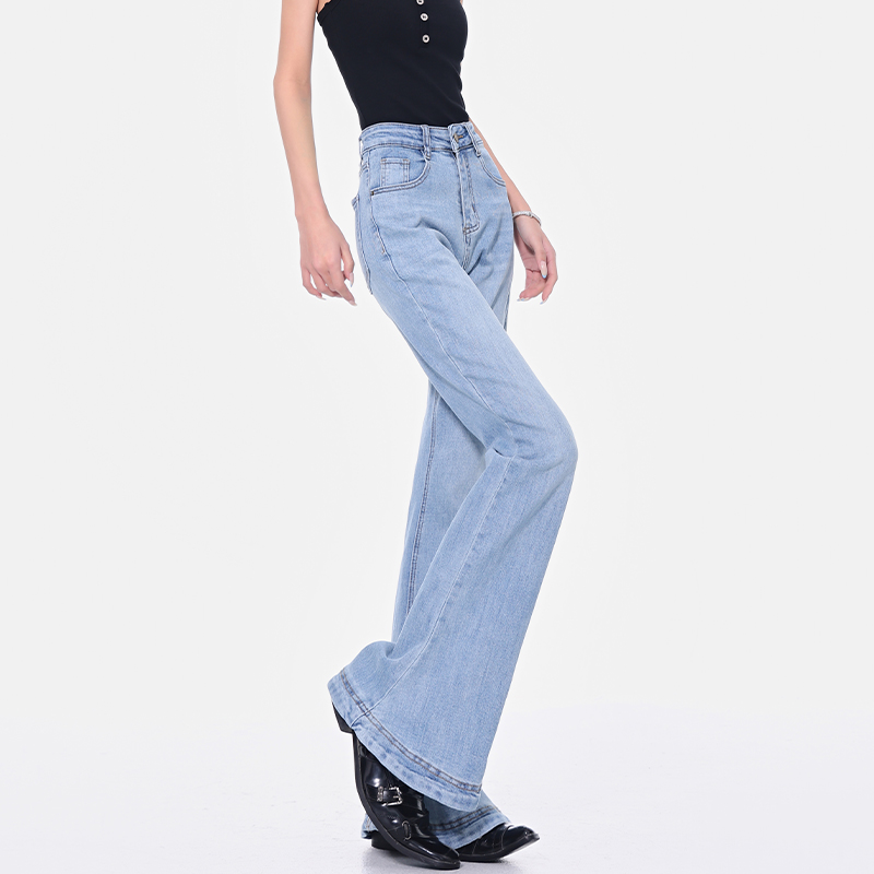 High Waist Blue Flared Jeans for Women - Spring Slim Fit Bootcut Pants, Straight Leg Style, Trendy 90s Inspired Long Trousers