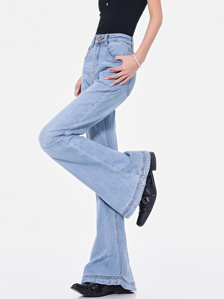High Waist Blue Flared Jeans for Women - Spring Slim Fit Bootcut Pants, Straight Leg Style, Trendy 90s Inspired Long Trousers