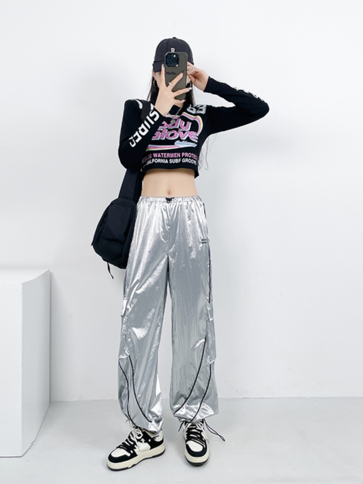 High Waist Silver Jazz Dance Pants for Women - Hip Hop Street Style Cuffed Sweatpants, Straight Leg Athletic Trousers High Waist Silver Jazz Dance Pants for Women - Hip Hop Street Style Cuffed Sweatpants, Straight Leg Athletic Trousers