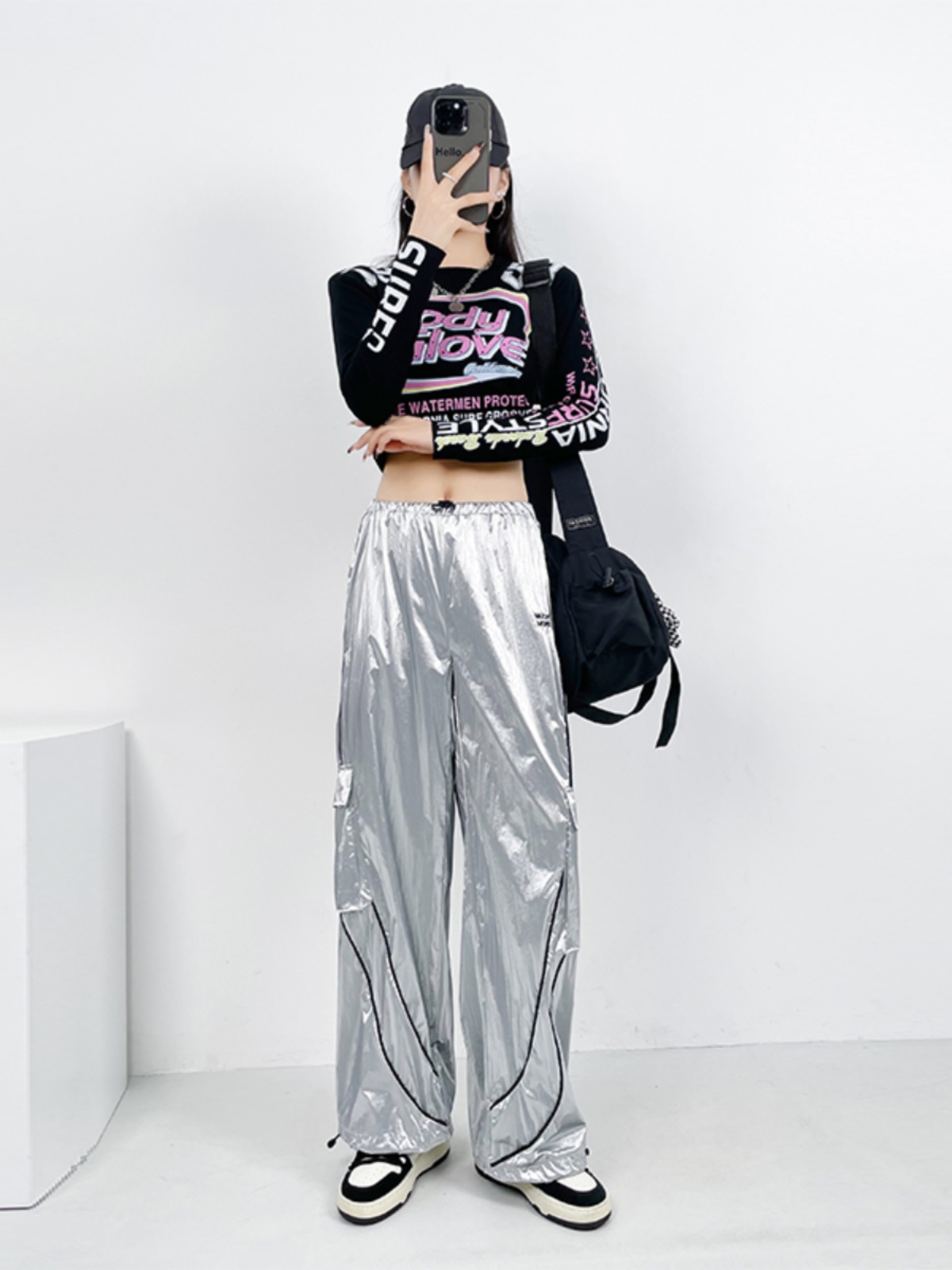 High Waist Silver Jazz Dance Pants for Women - Hip Hop Street Style Cuffed Sweatpants, Straight Leg Athletic Trousers High Waist Silver Jazz Dance Pants for Women - Hip Hop Street Style Cuffed Sweatpants, Straight Leg Athletic Trousers