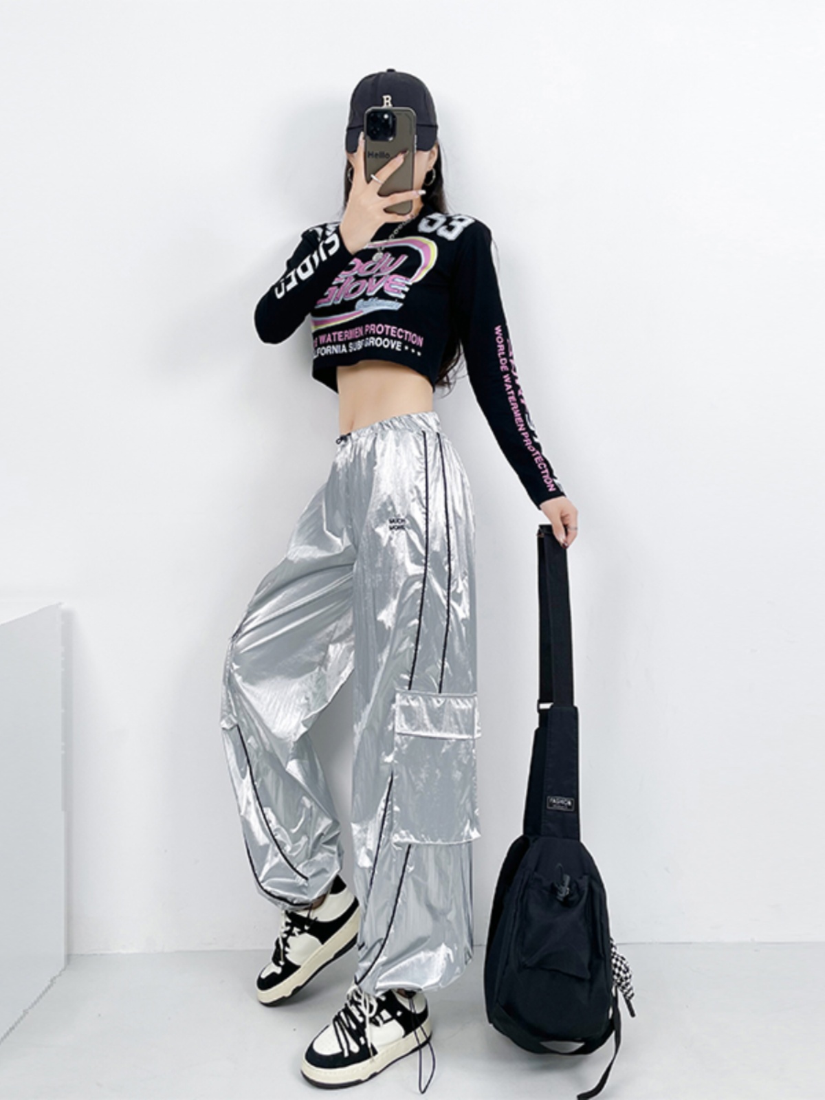 High Waist Silver Jazz Dance Pants for Women - Hip Hop Street Style Cuffed Sweatpants, Straight Leg Athletic Trousers High Waist Silver Jazz Dance Pants for Women - Hip Hop Street Style Cuffed Sweatpants, Straight Leg Athletic Trousers