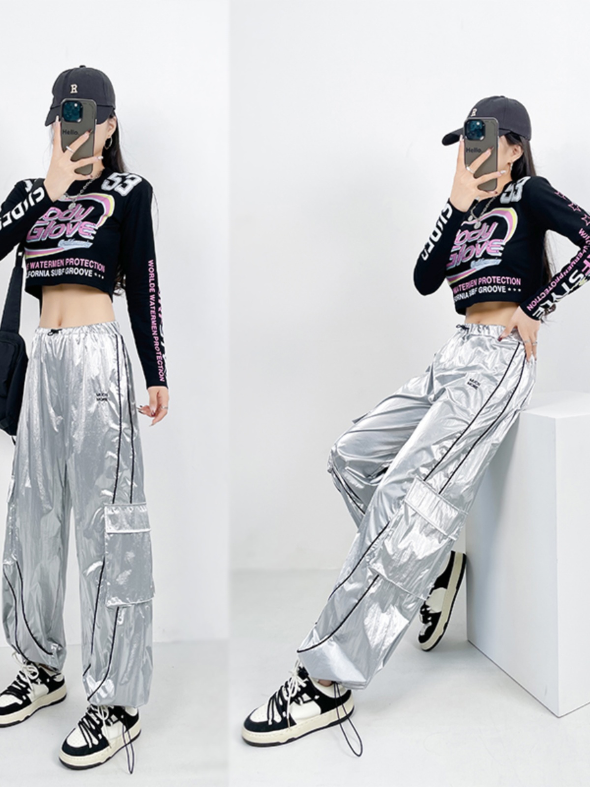 High Waist Silver Jazz Dance Pants for Women - Hip Hop Street Style Cuffed Sweatpants, Straight Leg Athletic Trousers