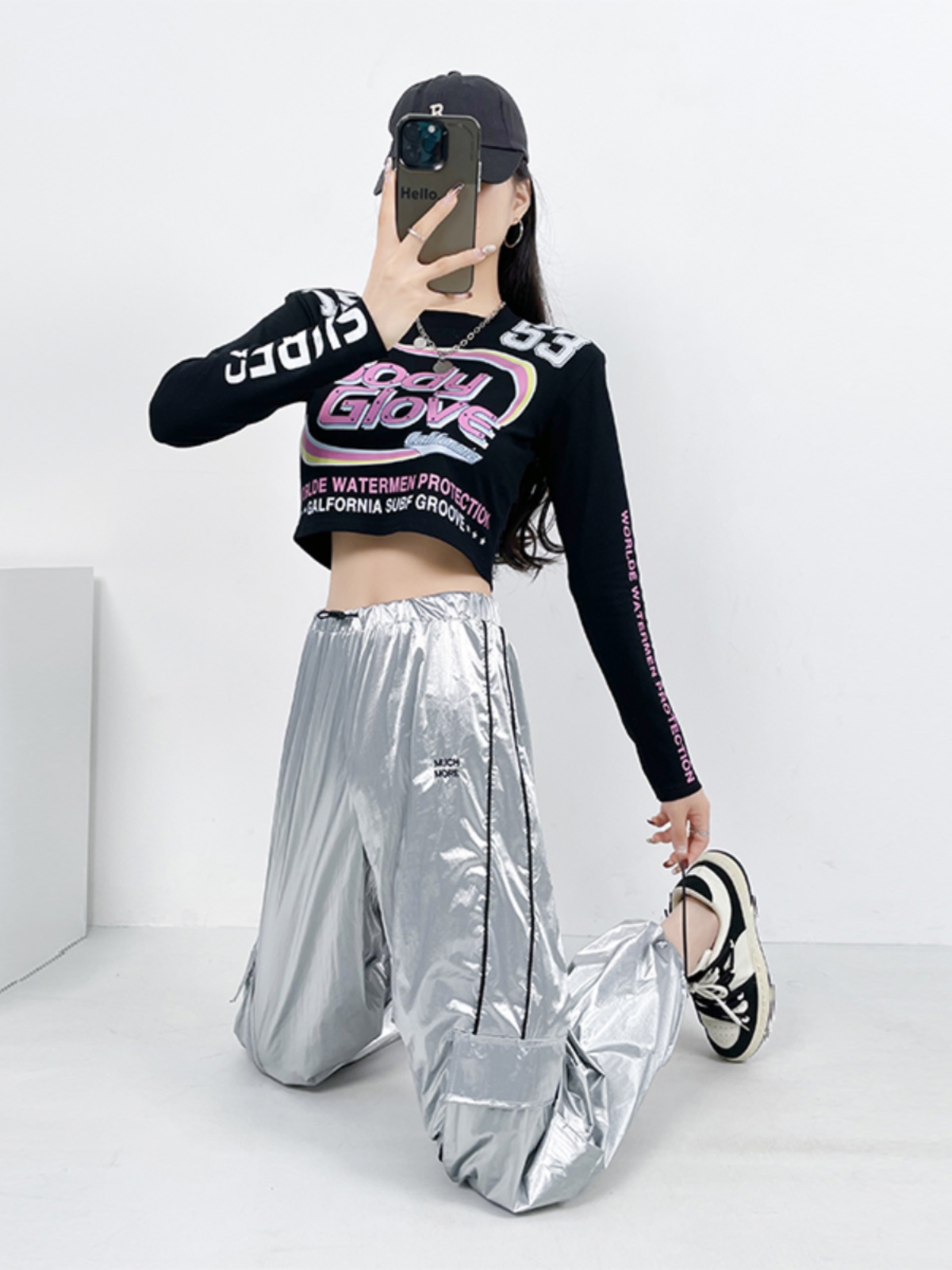 High Waist Silver Jazz Dance Pants for Women - Hip Hop Street Style Cuffed Sweatpants, Straight Leg Athletic Trousers High Waist Silver Jazz Dance Pants for Women - Hip Hop Street Style Cuffed Sweatpants, Straight Leg Athletic Trousers