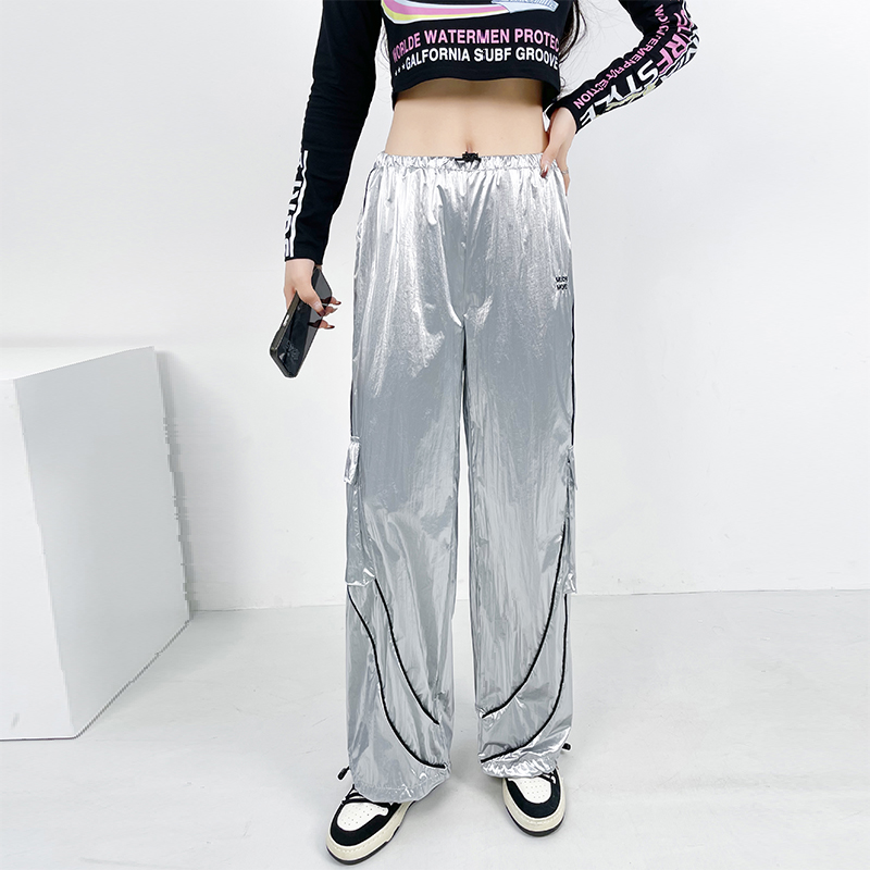 High Waist Silver Jazz Dance Pants for Women - Hip Hop Street Style Cuffed Sweatpants, Straight Leg Athletic Trousers