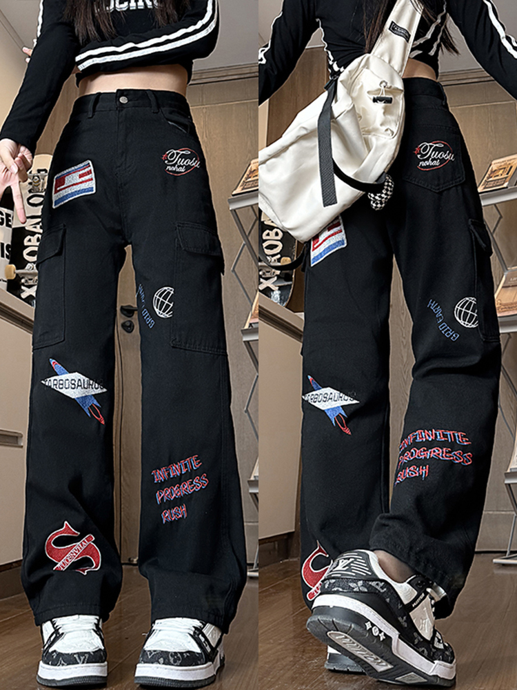 High-Waisted American Workwear Jeans for Women, Slimming Loose Straight-Leg Wide-Leg Casual Pants, Versatile Y2K Style