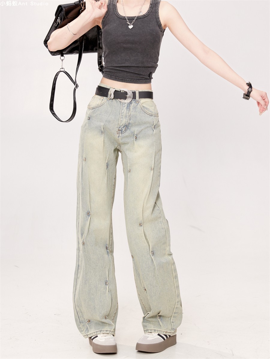 High-Waisted Beaded Gradient Straight-Leg Jeans for Women - Vintage Washed Loose Fit BF Style Trendy Pants